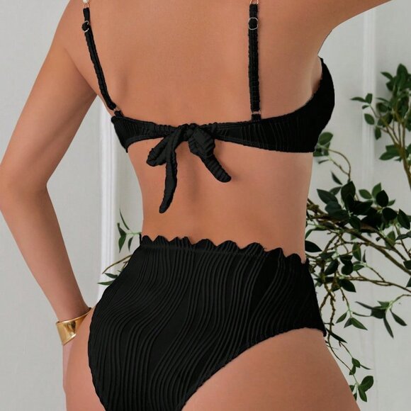 Black Cute Women's Beach Faux Pearl Decorated Shoulder Strap Sexy Bikini Set - Picture 2 of 6